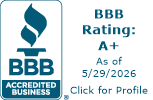 BBB Accredited Business logo with A+ rating and “As of 5/29/2026 Click for Profile” text