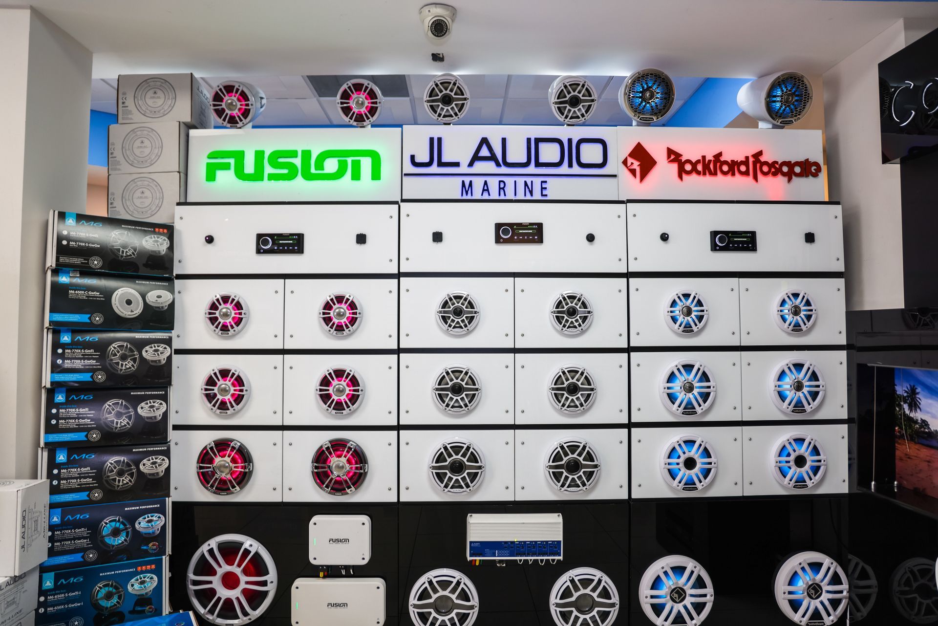 A display of jl audio speakers in a store