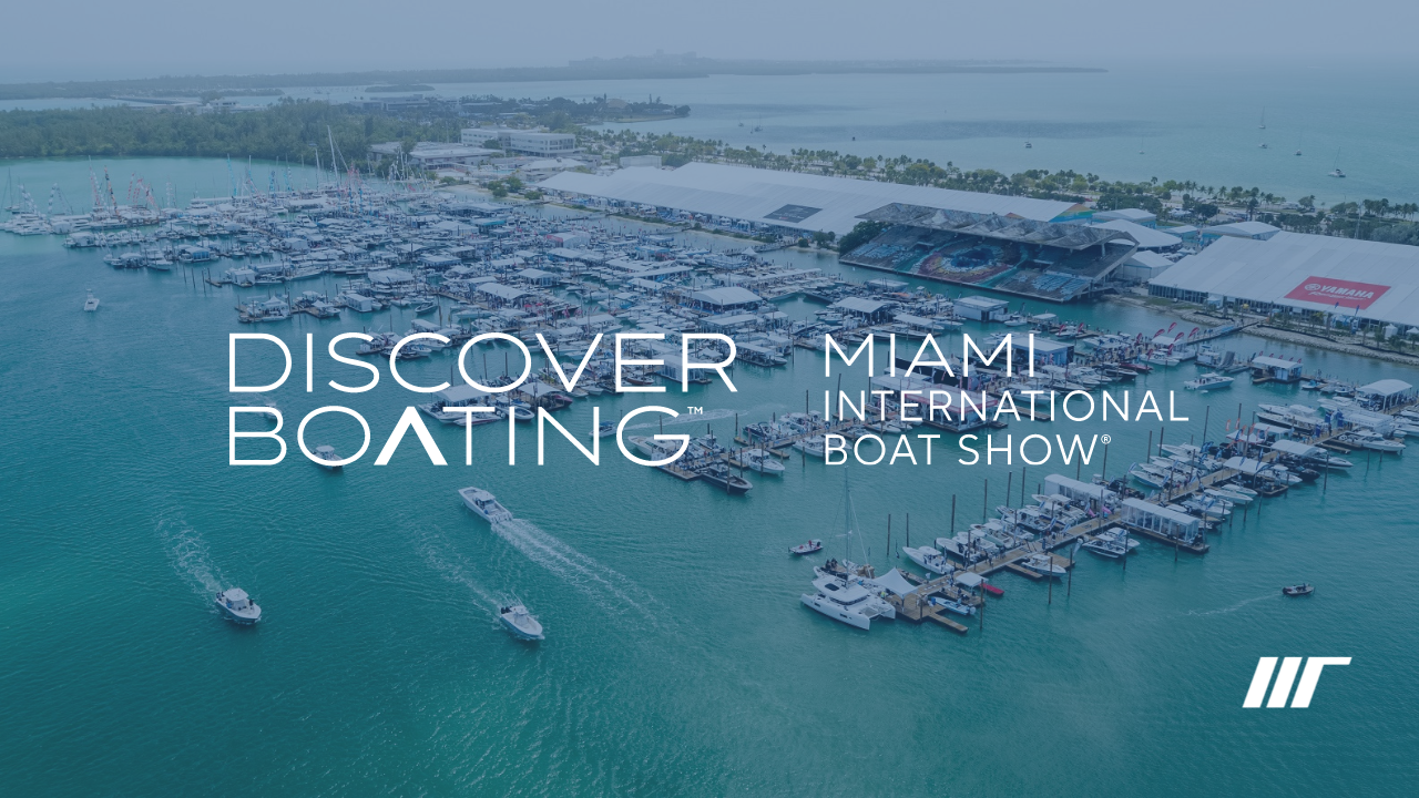 An aerial view of the discover boating miami international boat show.