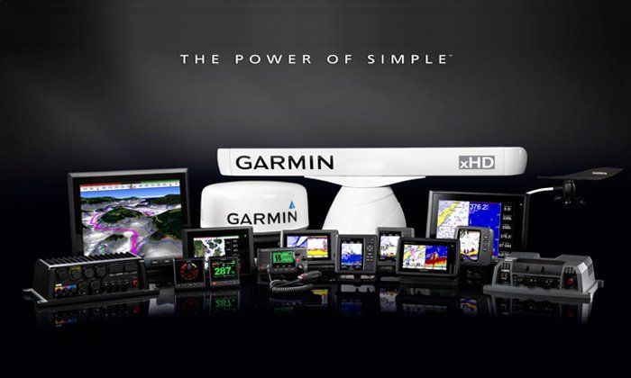 Garmin marine electronics array on black background. Text: 