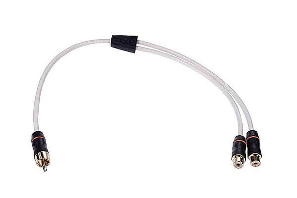 A pair of rca cables connected to each other on a white background.