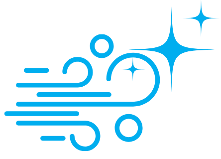 A blue icon of a wind blowing with a star in the background.