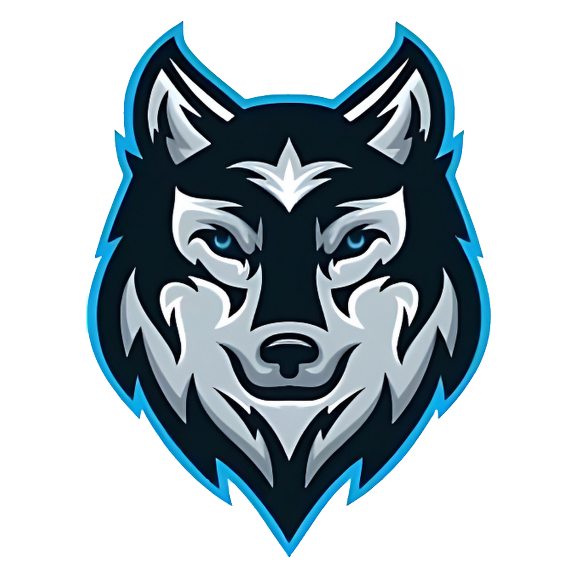 A wolf 's head with blue eyes is on a white background.