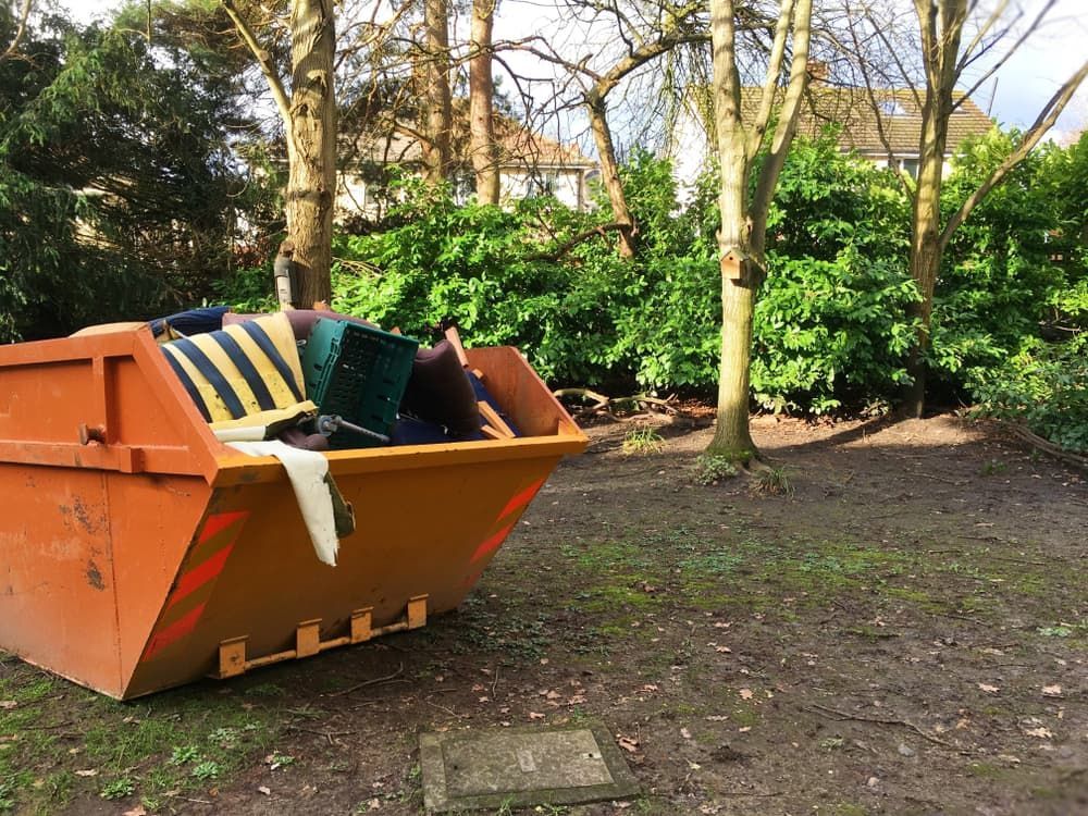 A Large Orange Dumpster Is Sitting in The Middle of A Forest — Barry's Recycling in Redland Bay, QLD