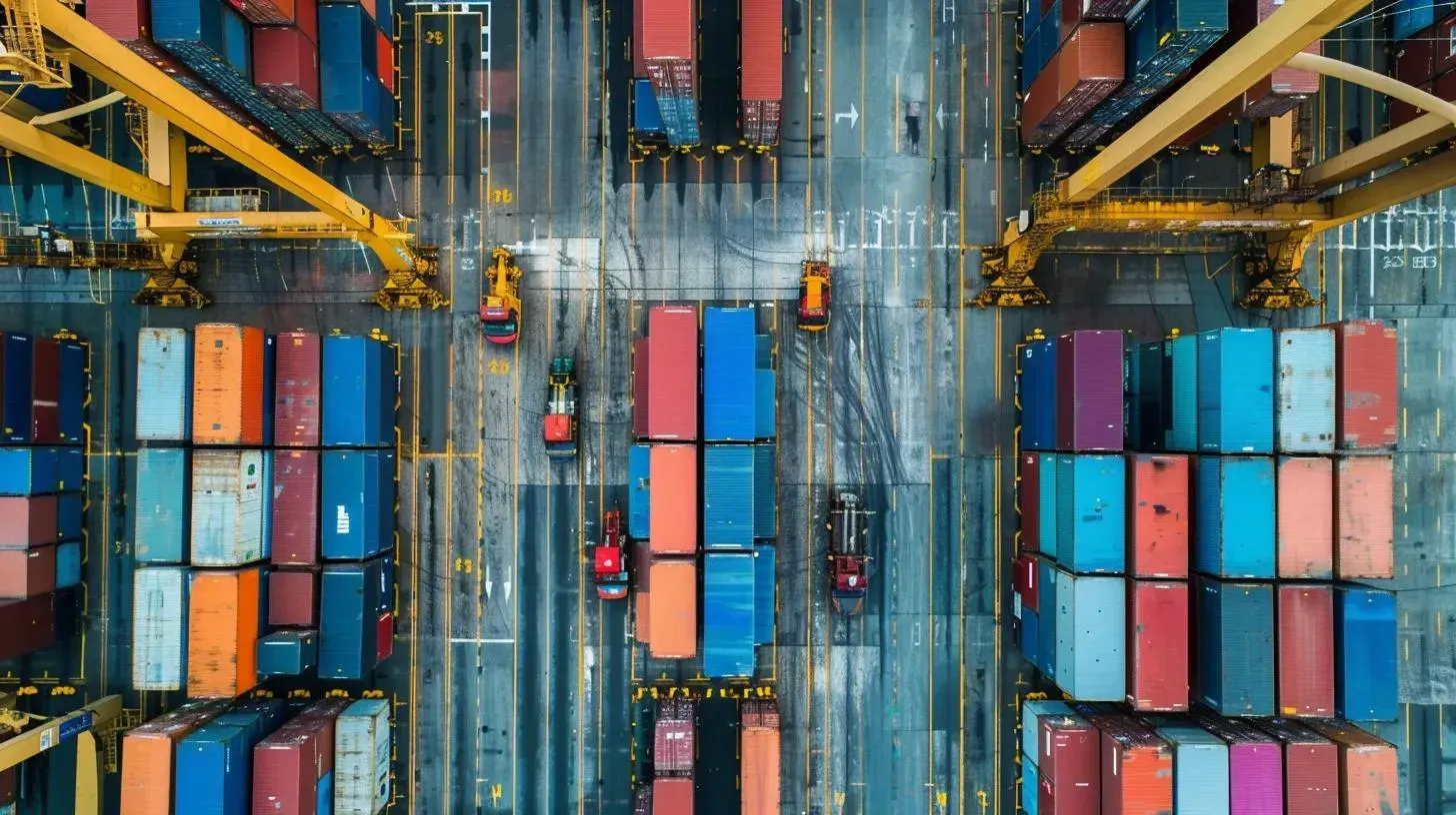Aerial view of a busy shipping port; colorful cargo containers are stacked and handled by cranes and forklifts.
