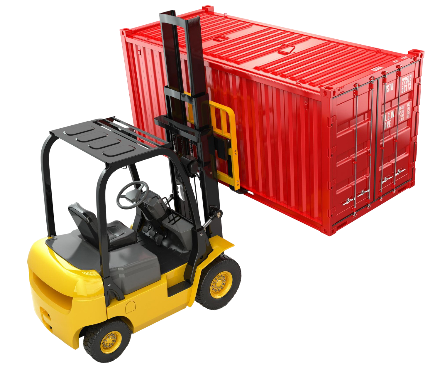 Yellow forklift lifting a red shipping container.