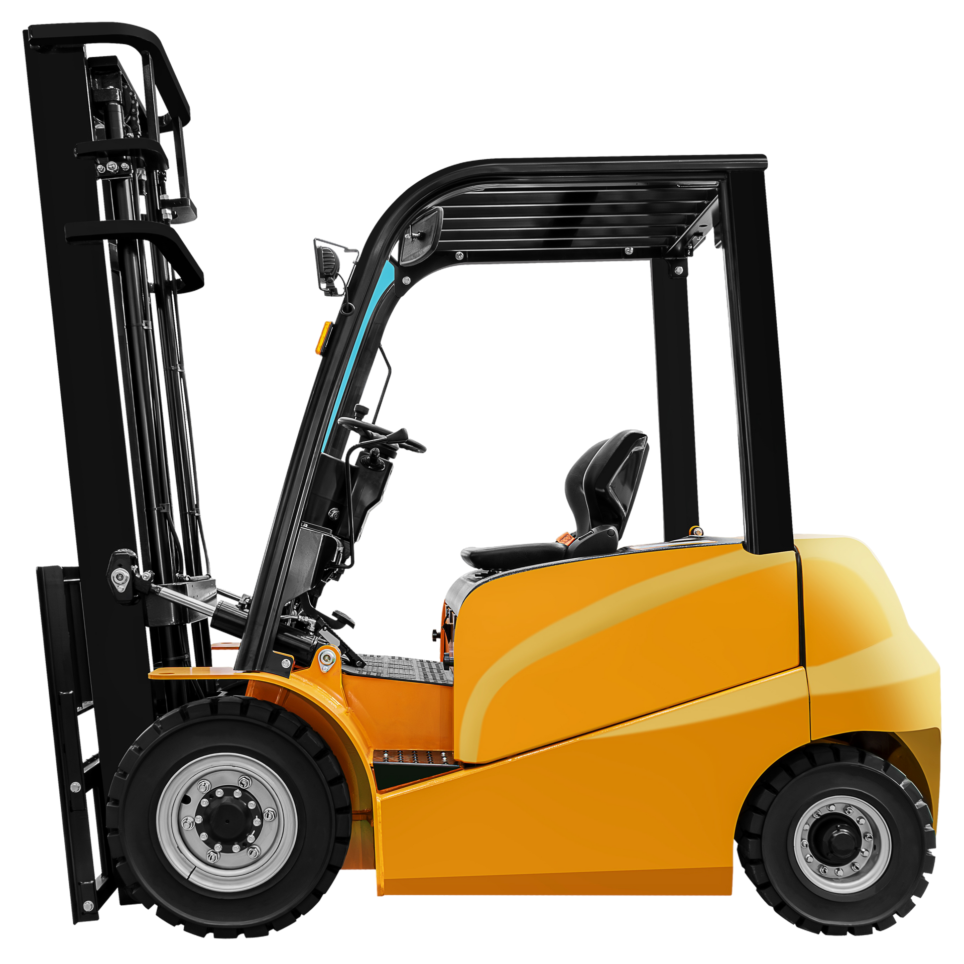 Yellow forklift with black frame, lifting mechanism, and roof.