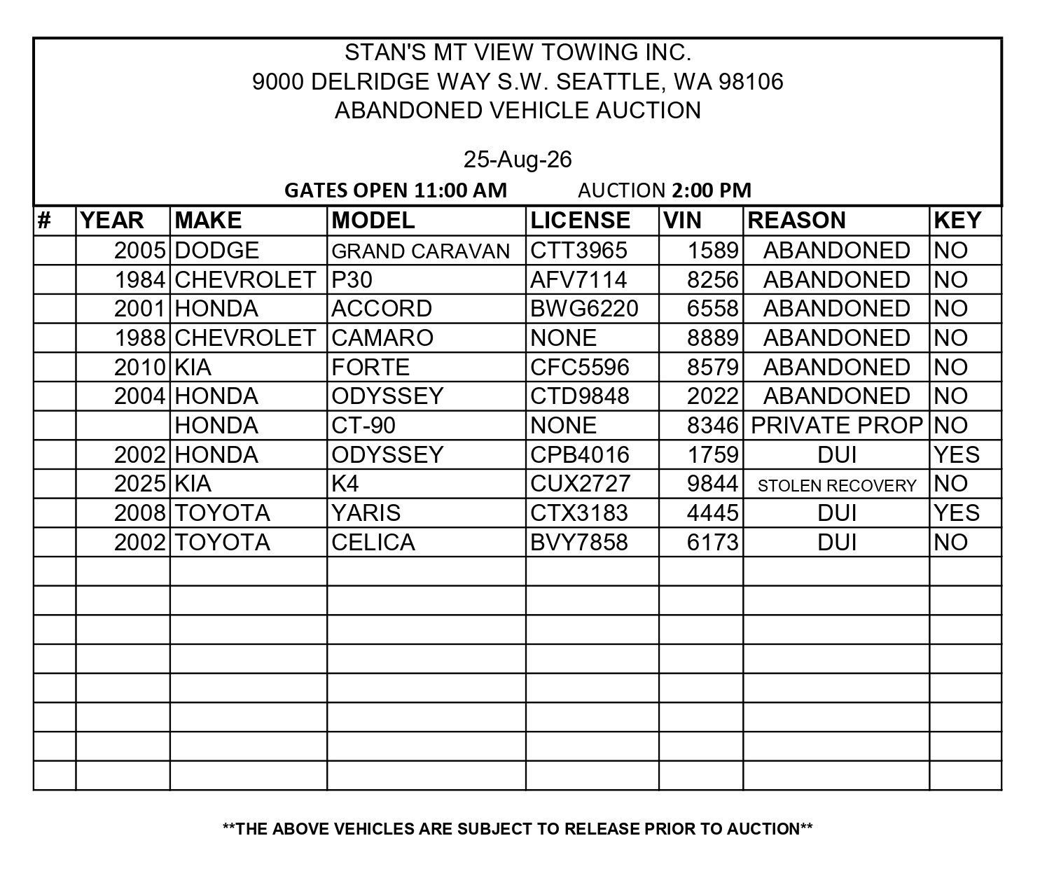 Auction flyer for abandoned vehicles in Seattle, WA, with a blue-and-yellow list of cars and times Auction flyer for abandoned vehicles in Seattle, WA, with a blue-and-yellow list of cars and times
