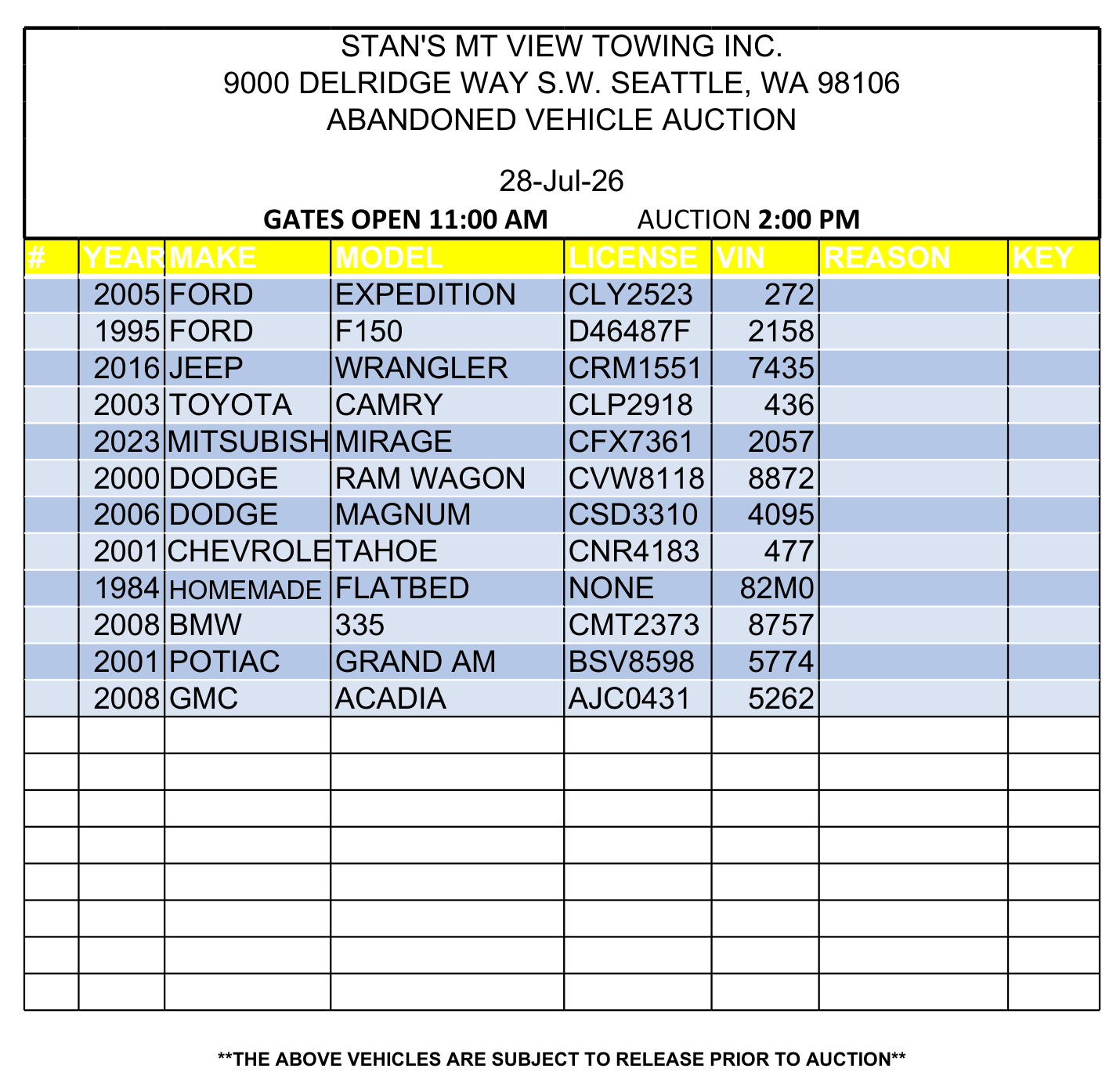 Auction flyer for abandoned vehicles in Seattle, WA, with a blue-and-yellow list of cars and times Auction flyer for abandoned vehicles in Seattle, WA, with a blue-and-yellow list of cars and times