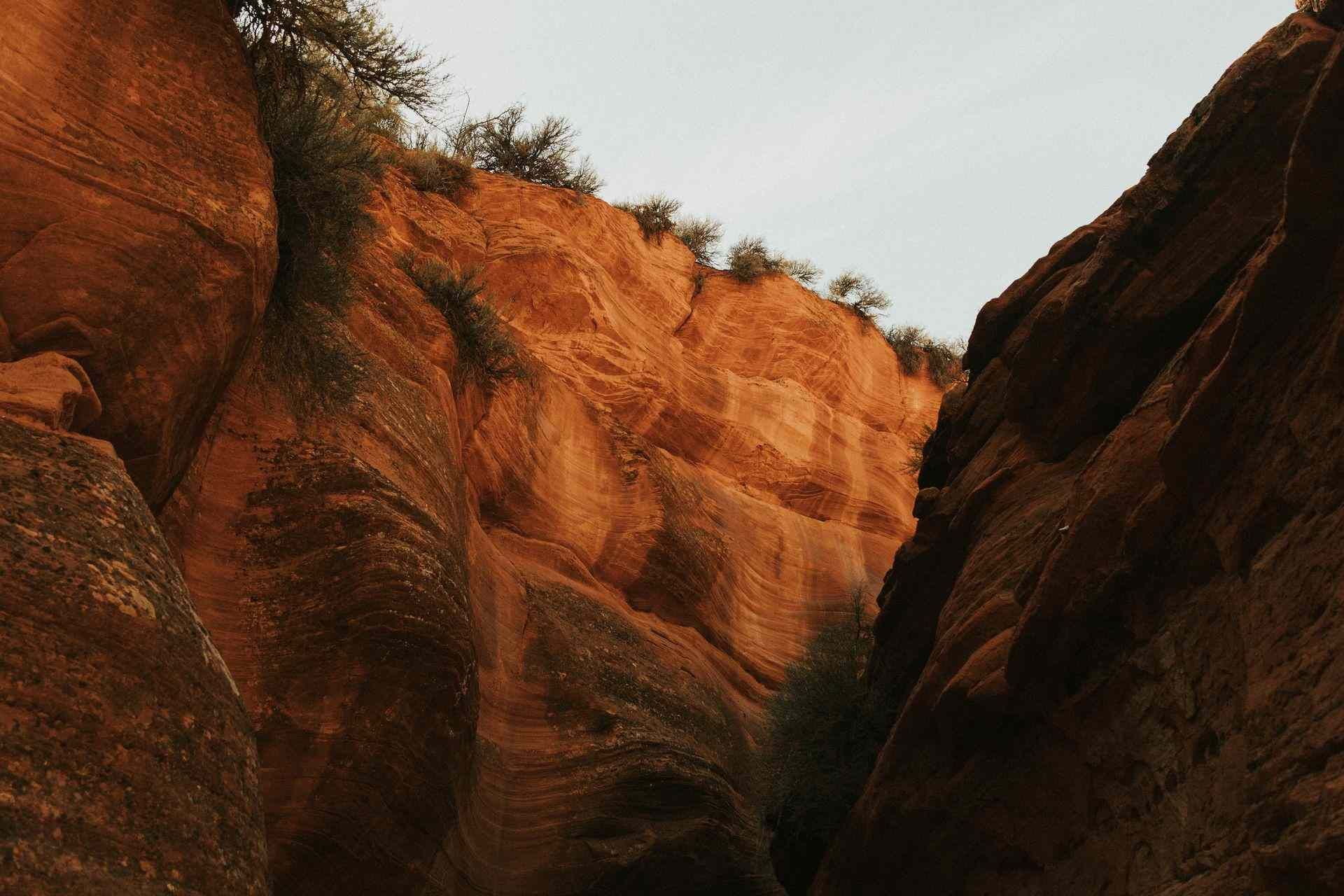 Steep red-orange canyon walls framing a narrow ravine under a pale sky