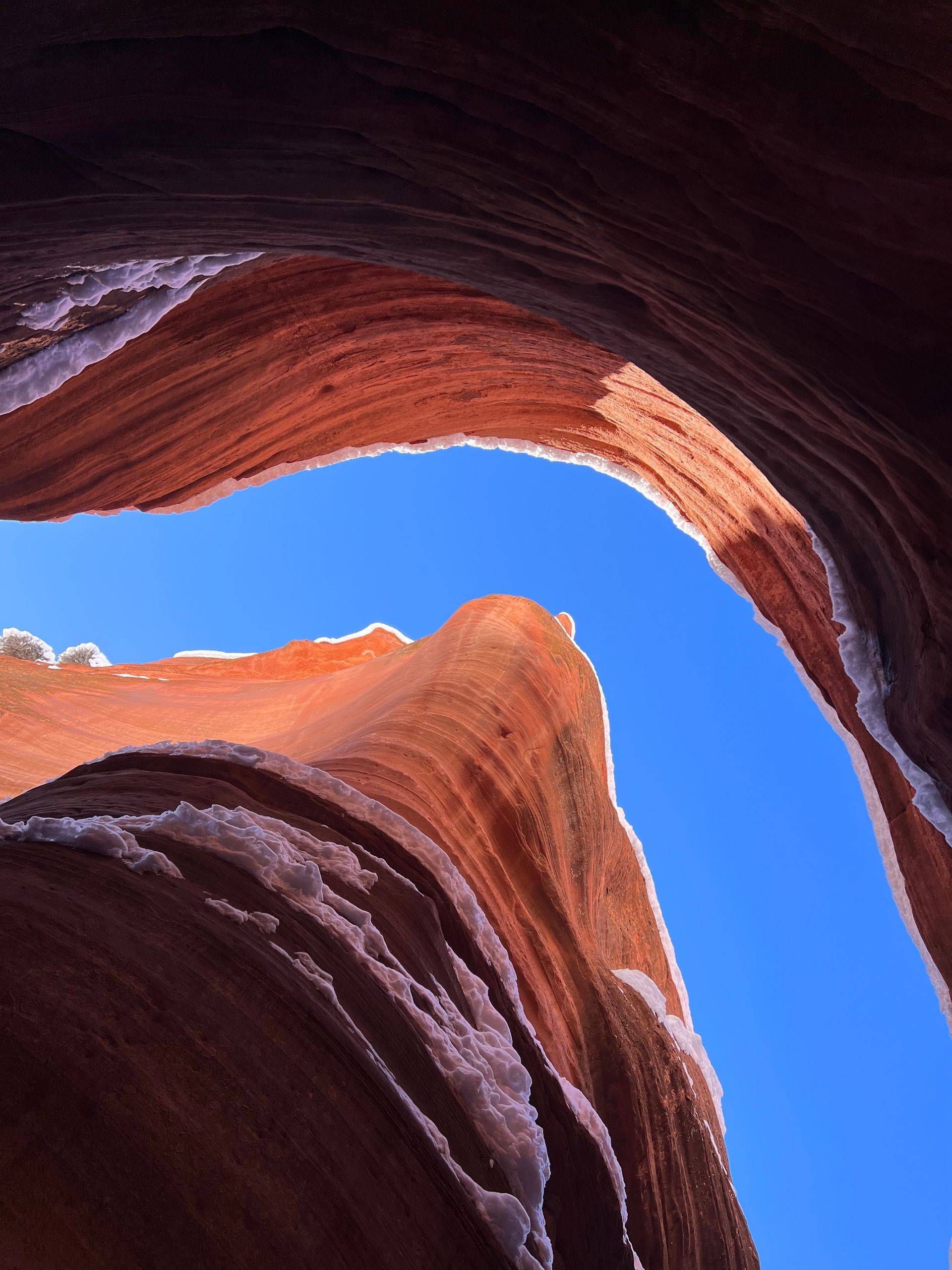 Looking up through a red sandstone canyon to a bright blue sky