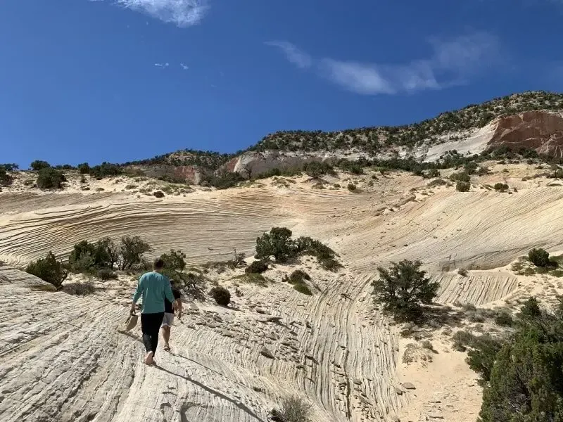 Two people hike up a light-colored, rocky slope with sparse green brush, under a blue sky.