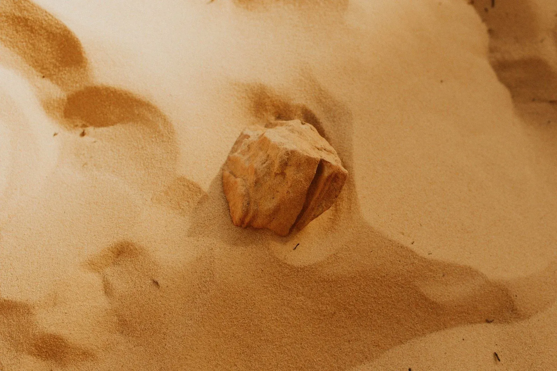 Brown rock partially buried in rippled tan sand dunes