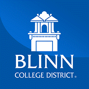 A blue and white logo for blinn college district