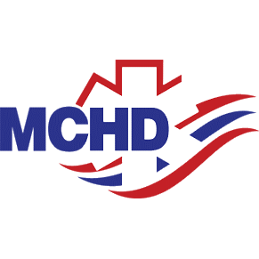 A red white and blue logo for mchd