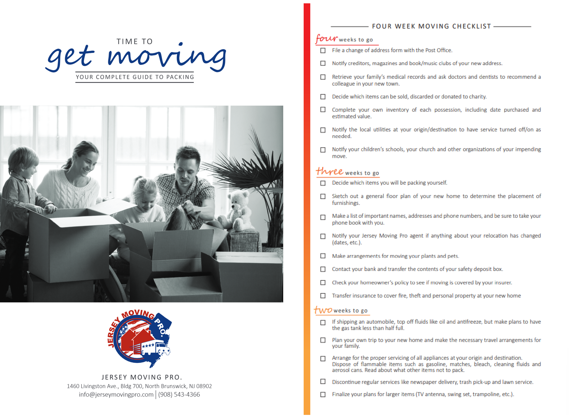 Family packing boxes, moving checklist. 