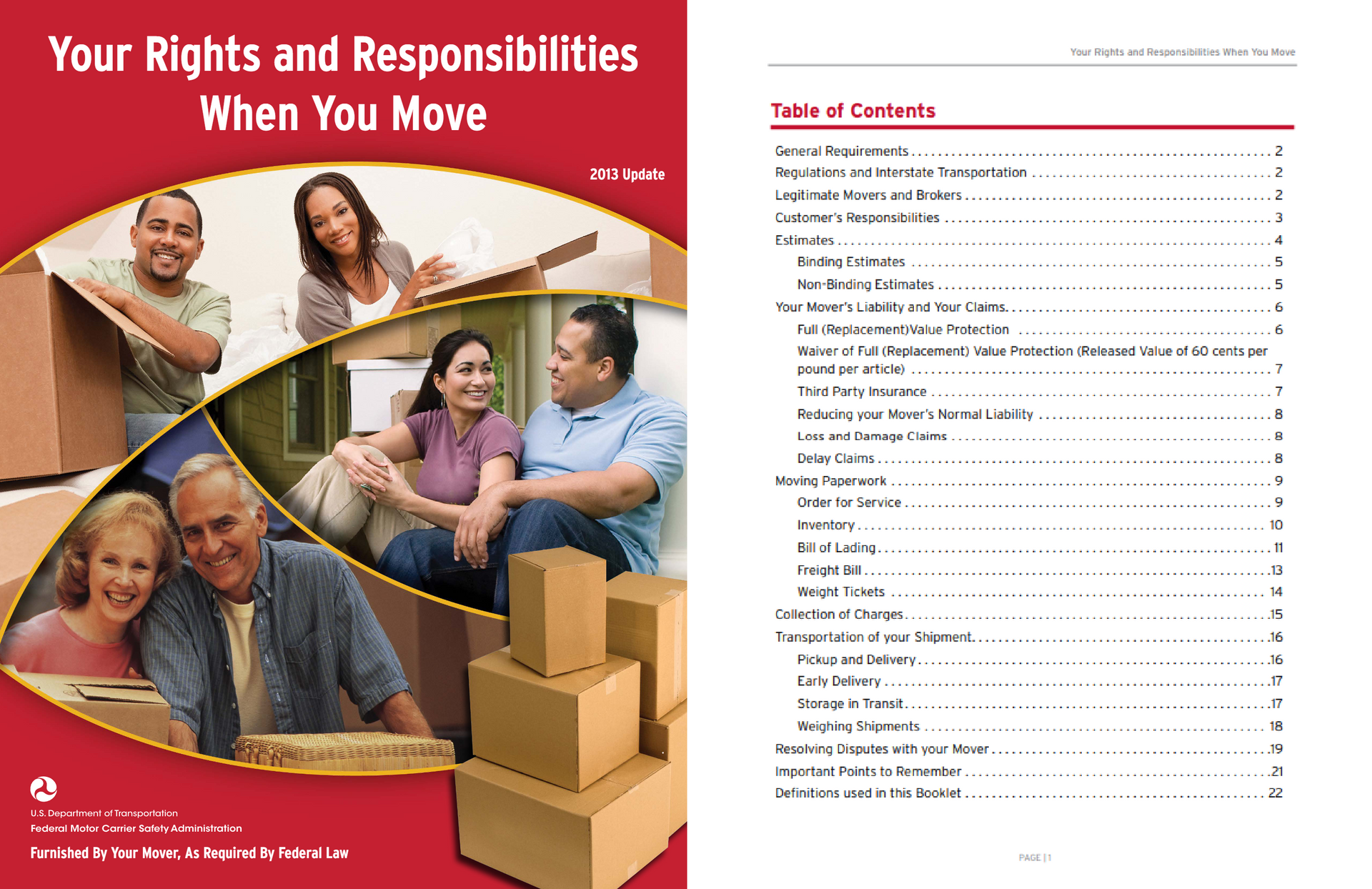 Cover of a moving guide with families, boxes, and a table of contents on a red background.