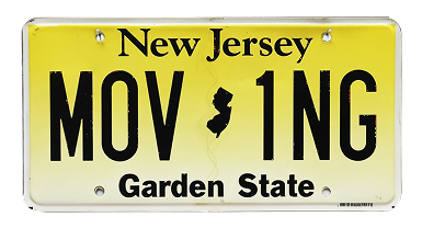 A yellow and white New Jersey license plate with the text 