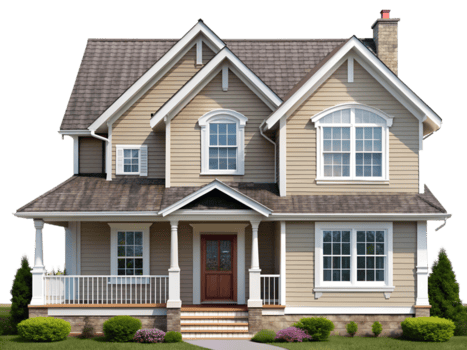 Beige two-story house with a porch and multiple windows. Brown roof, white trim, and green shrubs.
