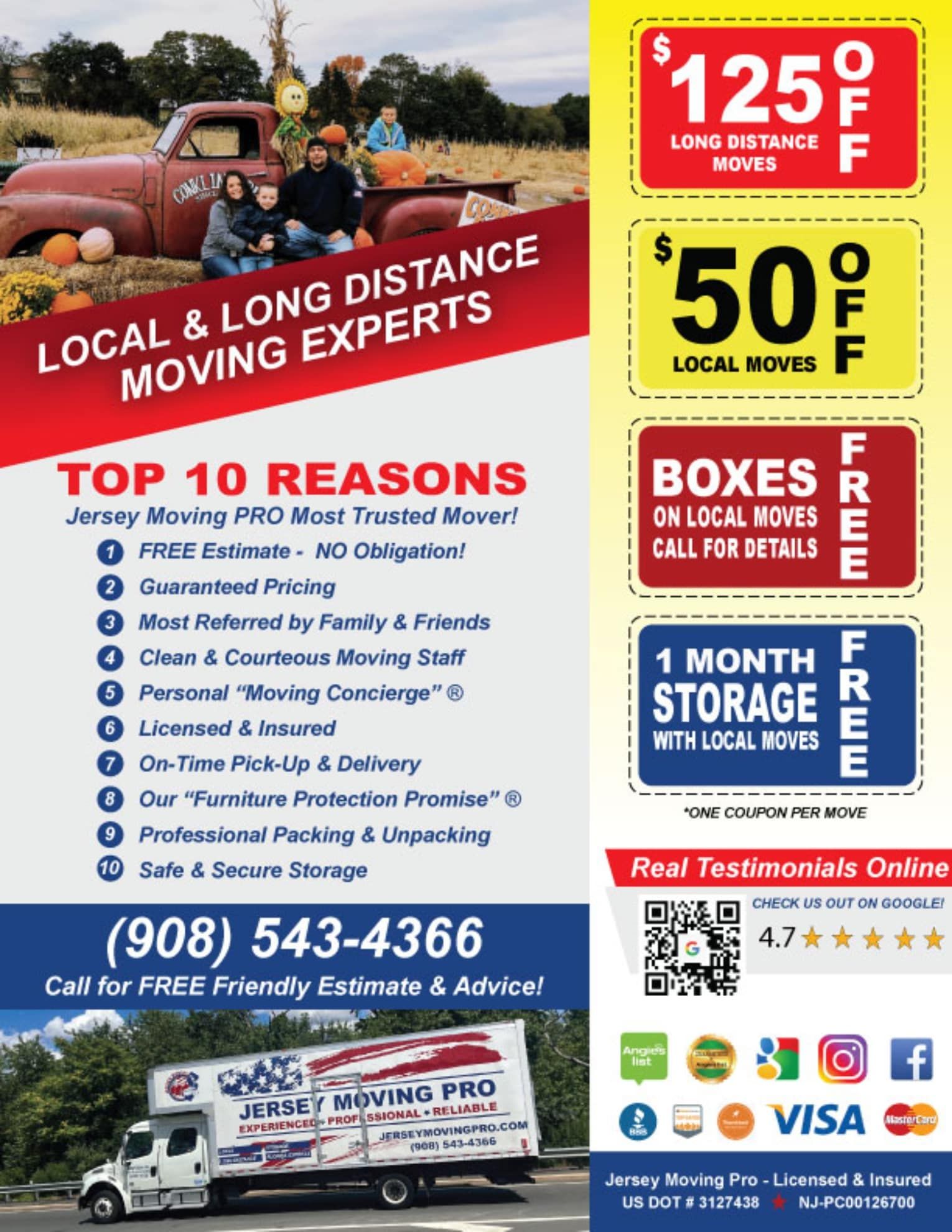 Moving company advertisement with promotions, truck photo, and testimonials.