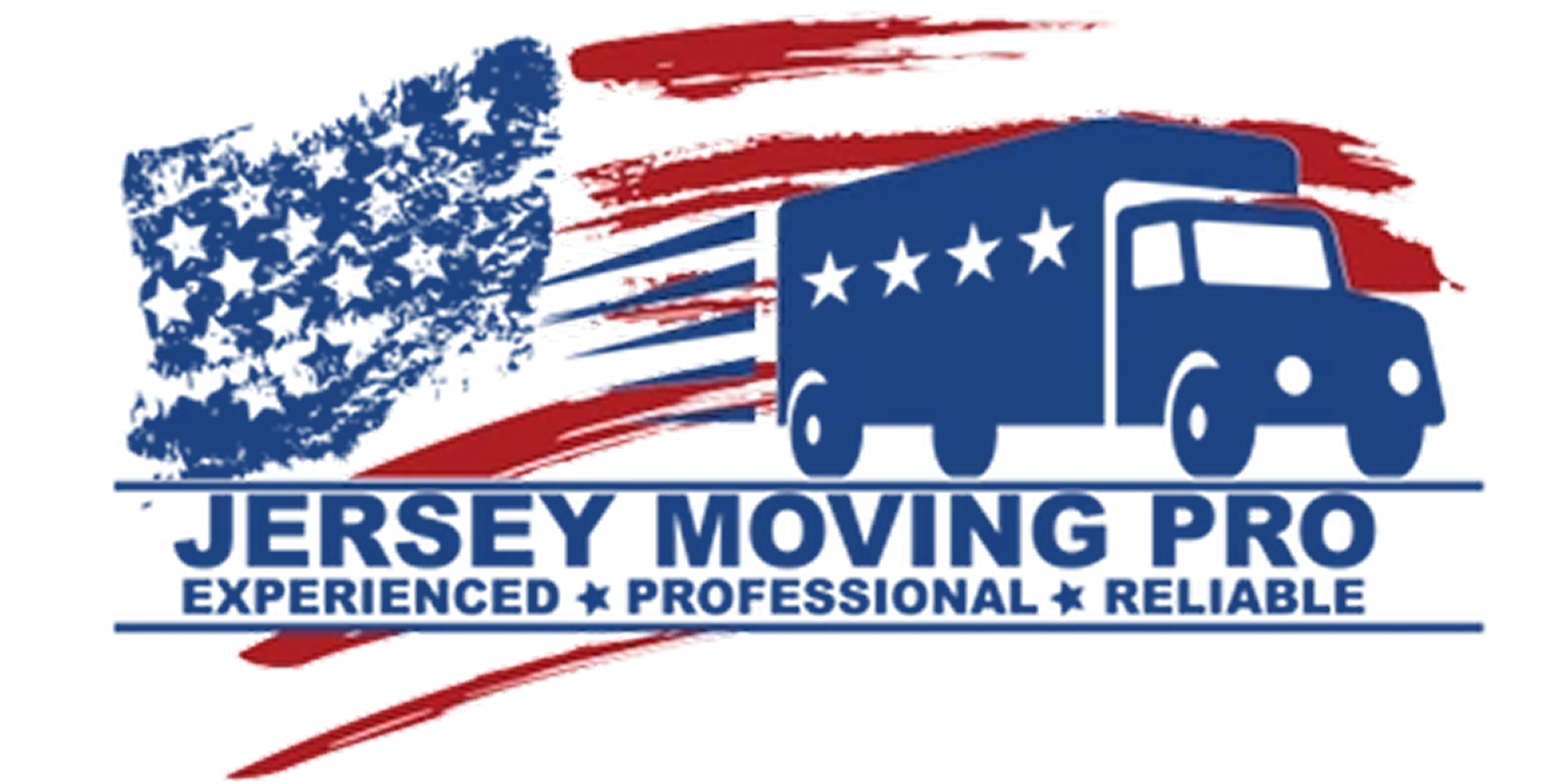 Logo for Jersey Moving Pro: moving truck with stars, American flag background.