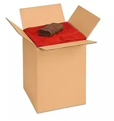Open cardboard box with red lining and a folded brown towel inside