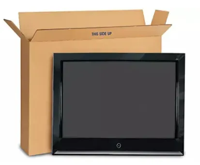 Black digital photo frame in front of an open cardboard shipping box