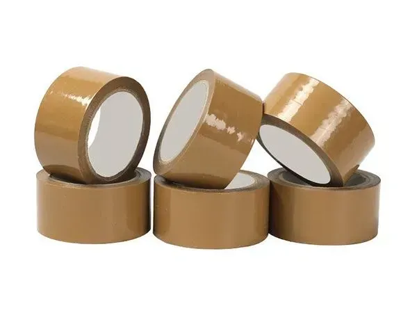 Six rolls of brown packing tape stacked against a white background