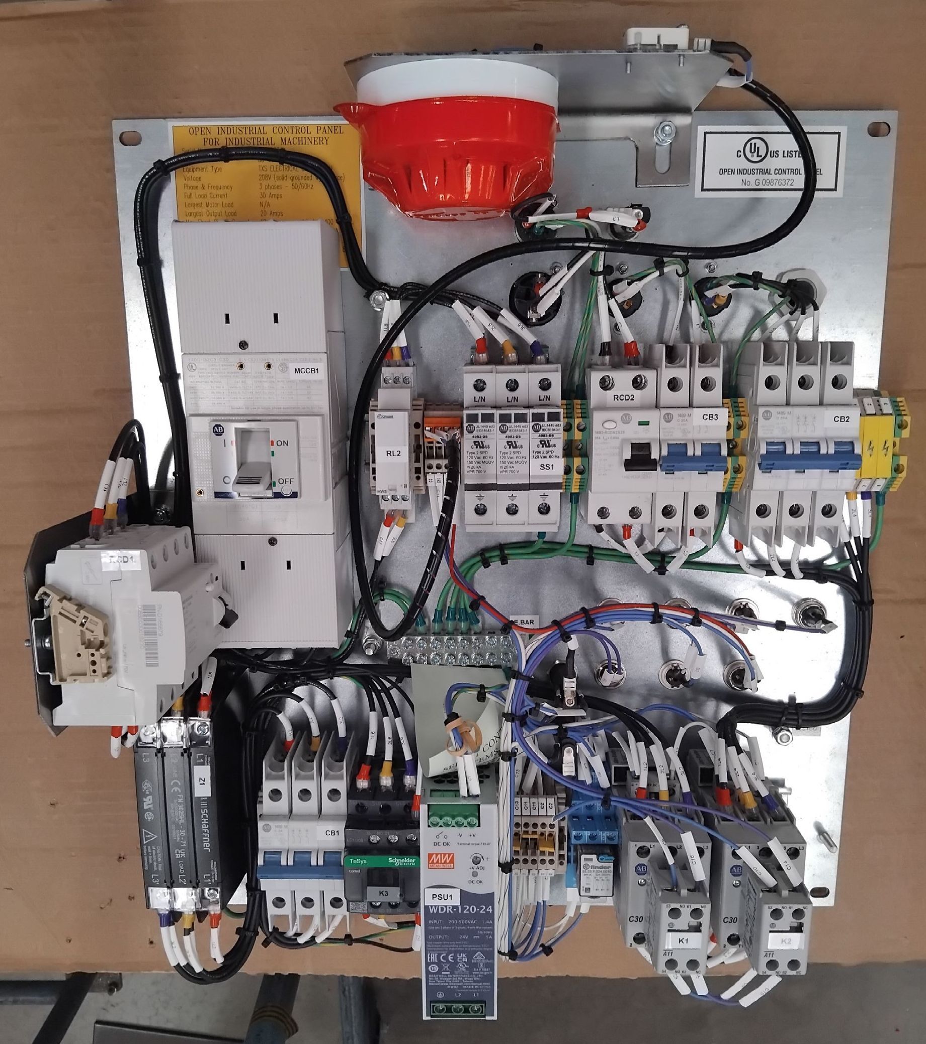 Small bespoke electrical control panel ready for final assembly into the machinery at the customers facility.