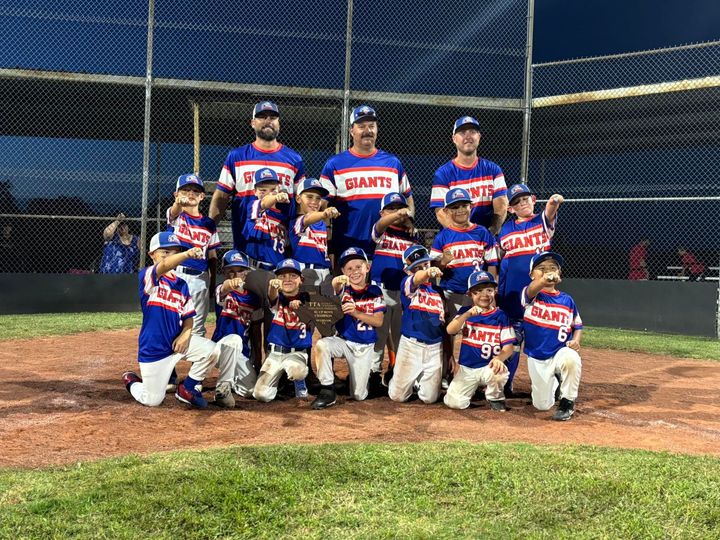 Youth baseball team posing in blue and red uniforms on a dirt field at night