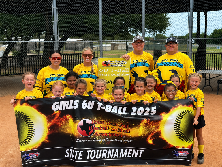 Youth softball team holding banner that reads “Girls 6U T-Ball 2025 State Tournament”