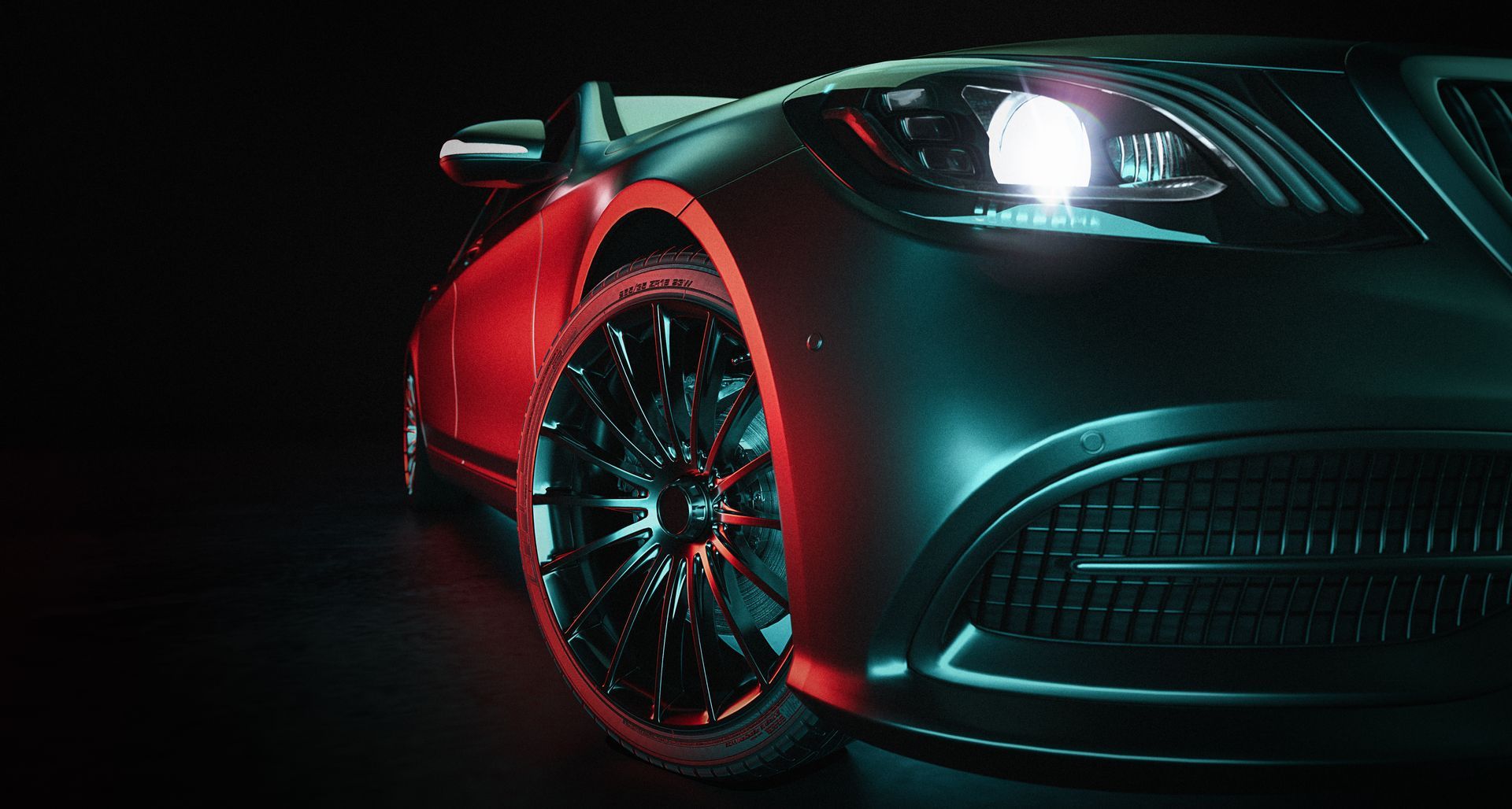 Sleek, dark car with illuminated headlight, red accent on the wheel and body, set against a black background.