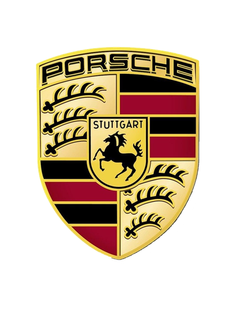 Porsche logo: gold shield with prancing horse and the word Porsche at the top