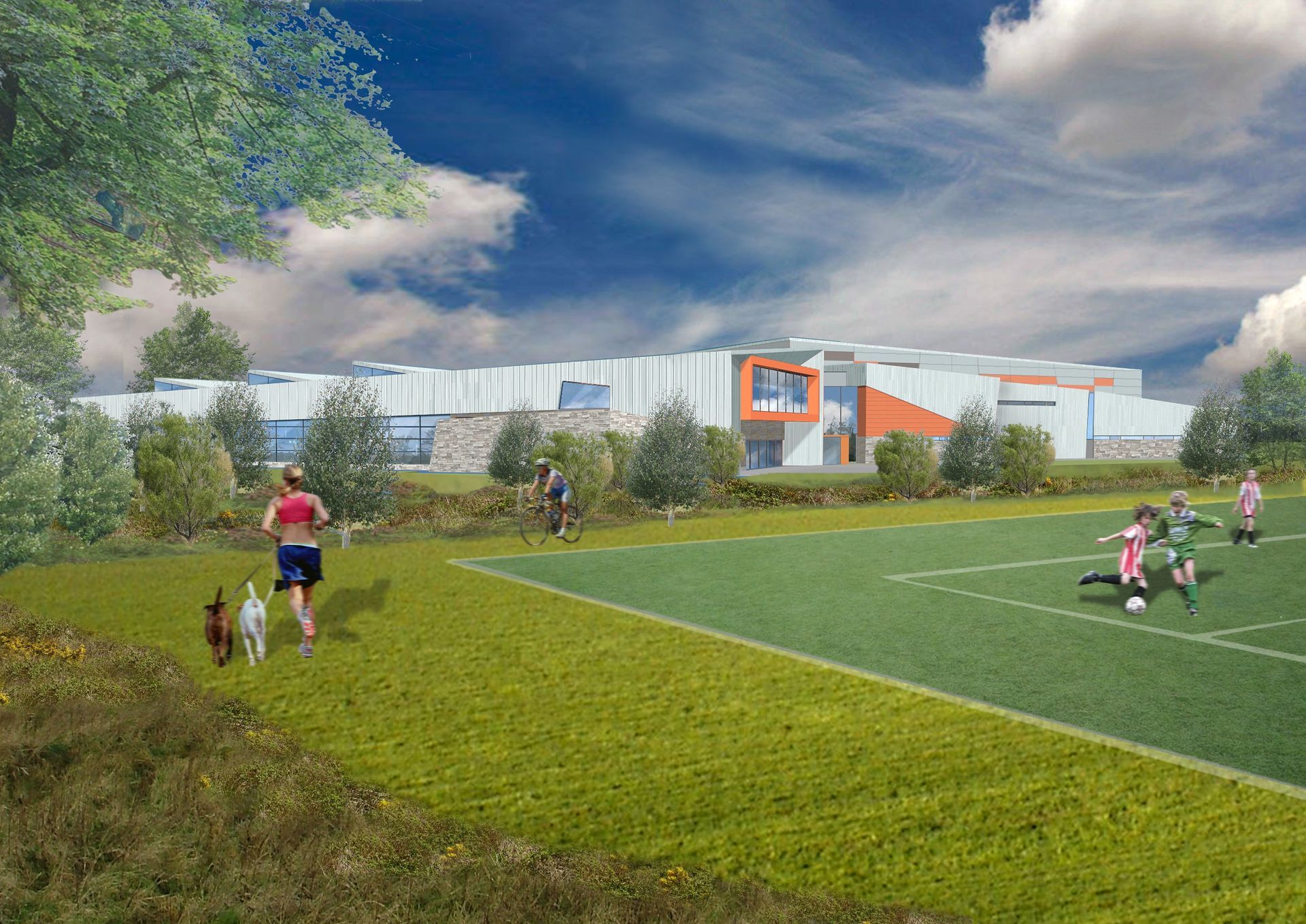 An artist 's impression of a soccer field with a building in the background