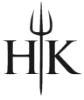 A black and white logo for hk with a trident in the middle.