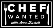 A black and white logo for chef wanted with anne burrell