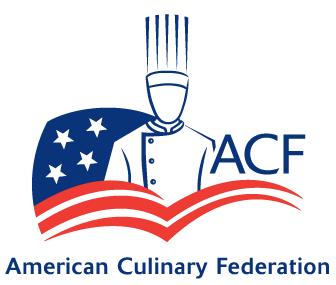 A logo for the american culinary federation with a chef and an american flag