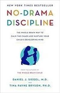 Book cover for No-Drama Discipline, showing a silhouette of a parent kneeling and connecting with a child against a blue.