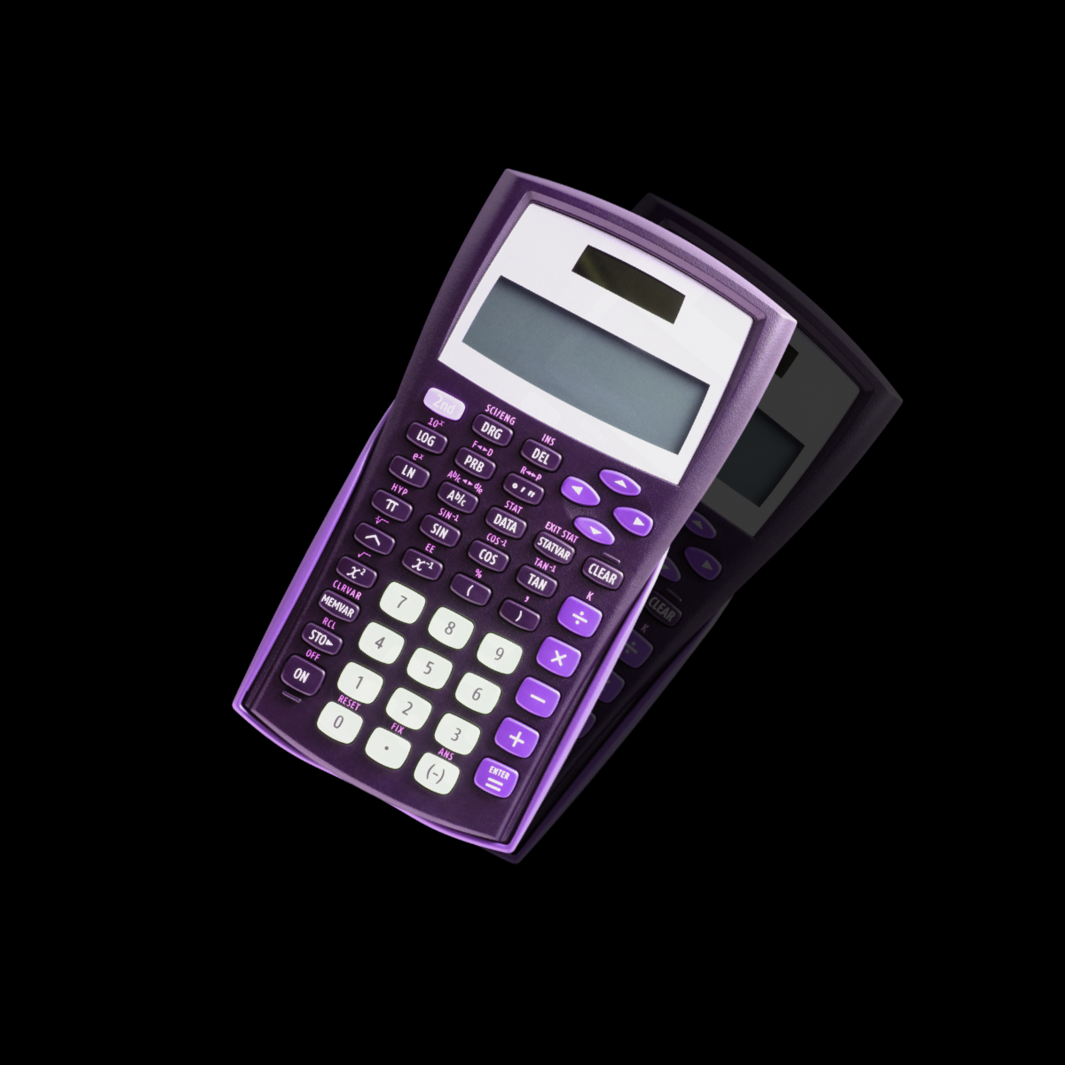 Purple calculator with white keys and dark display, angled on a black background