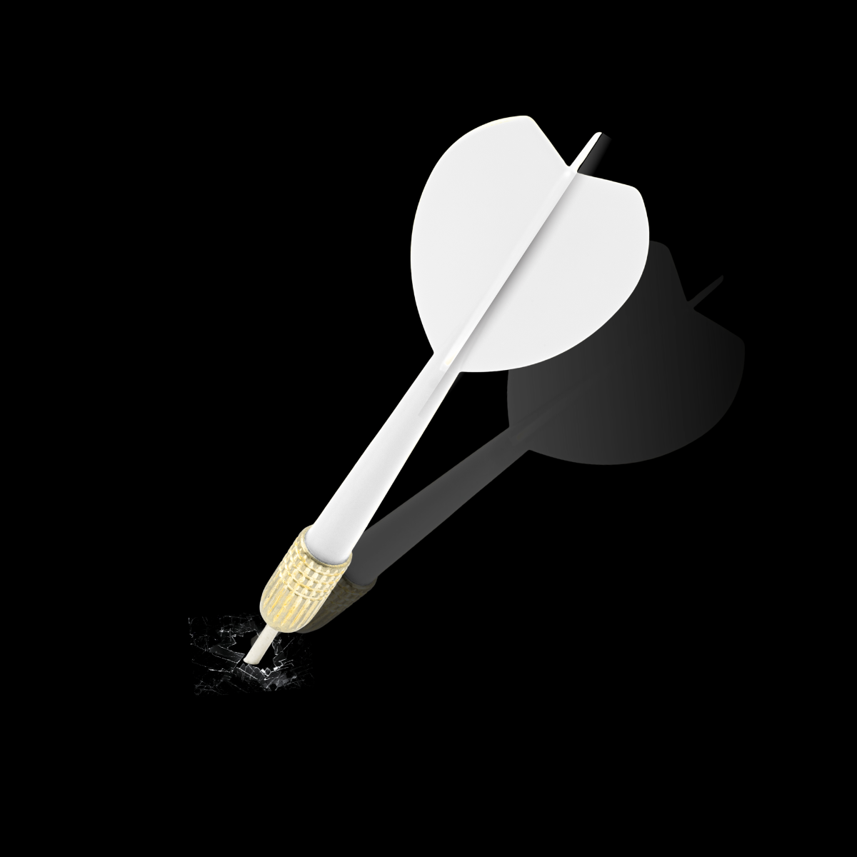 A white dart hitting a black dartboard, with a shadowed target on a dark background.