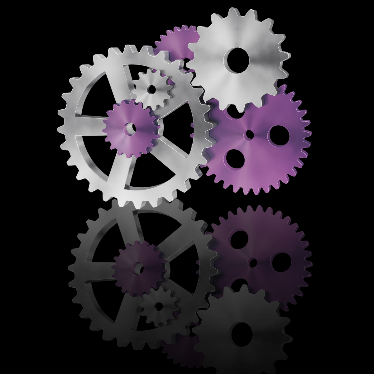 Interlocking silver and purple gears with a glossy black reflection