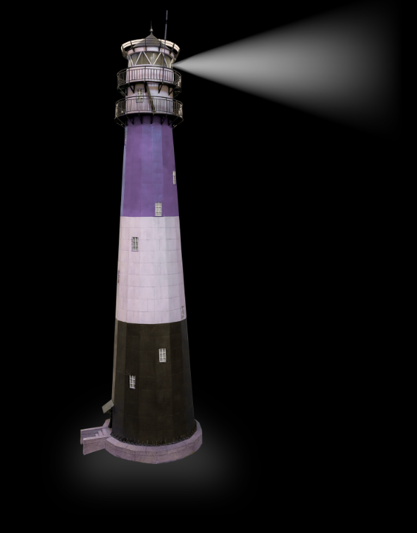 Purple-and-white lighthouse shining a bright beam into the dark sky.