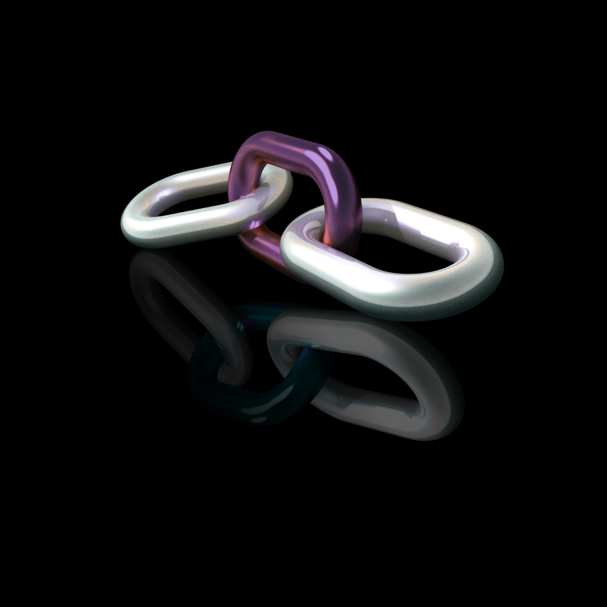 Interlinked metallic chain links in silver and purple on a black background with a reflection
