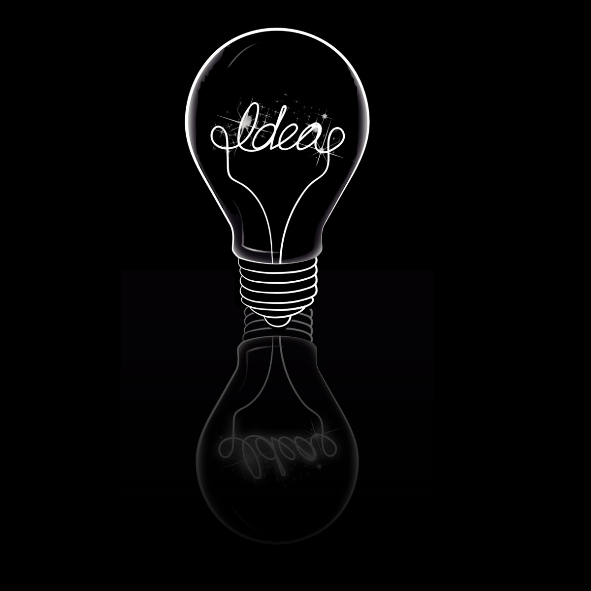 Glowing light bulb with the word “idea” inside on a black background