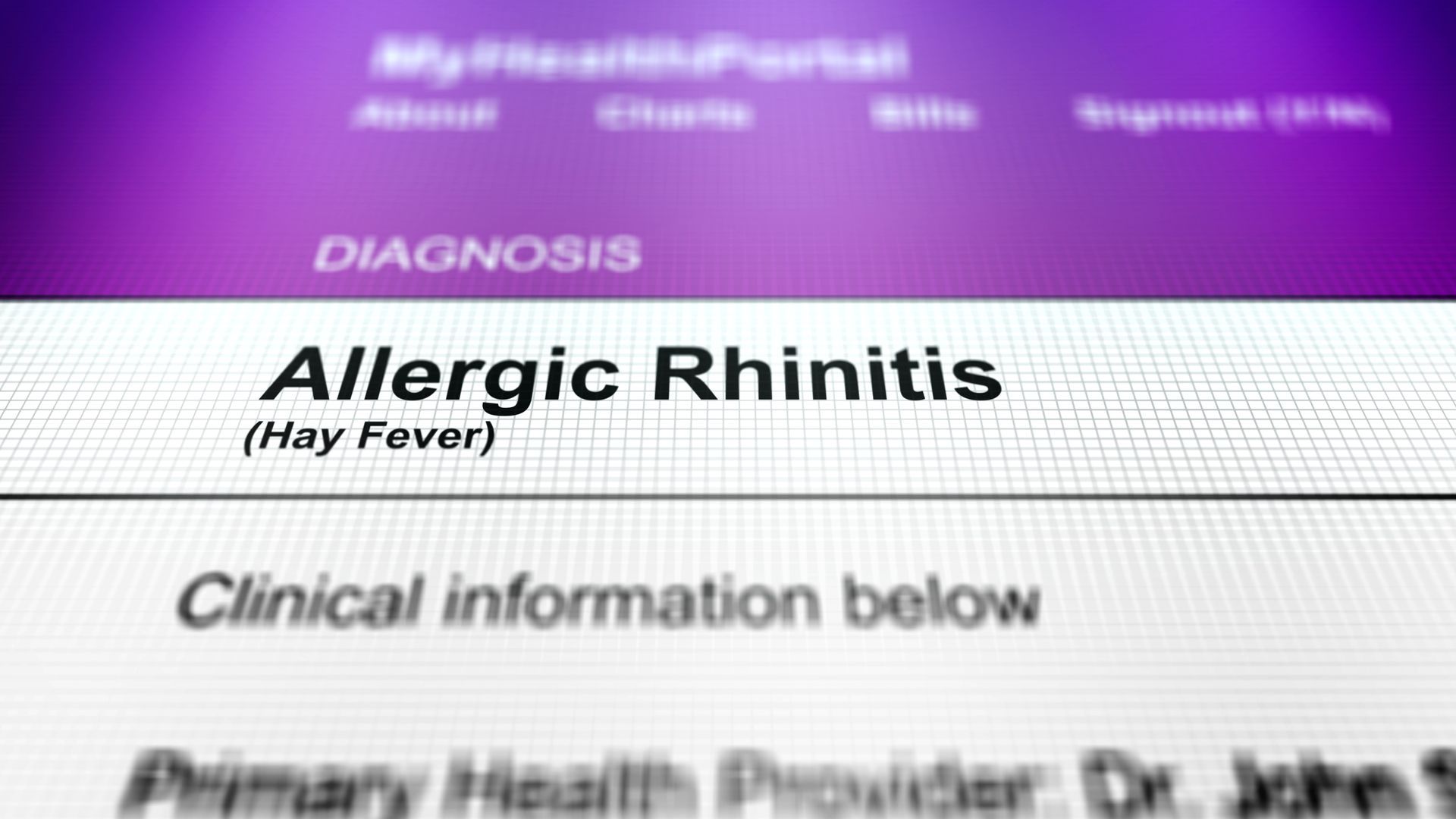 Medical form showing diagnosis: Allergic Rhinitis (Hay Fever) in a purple header section