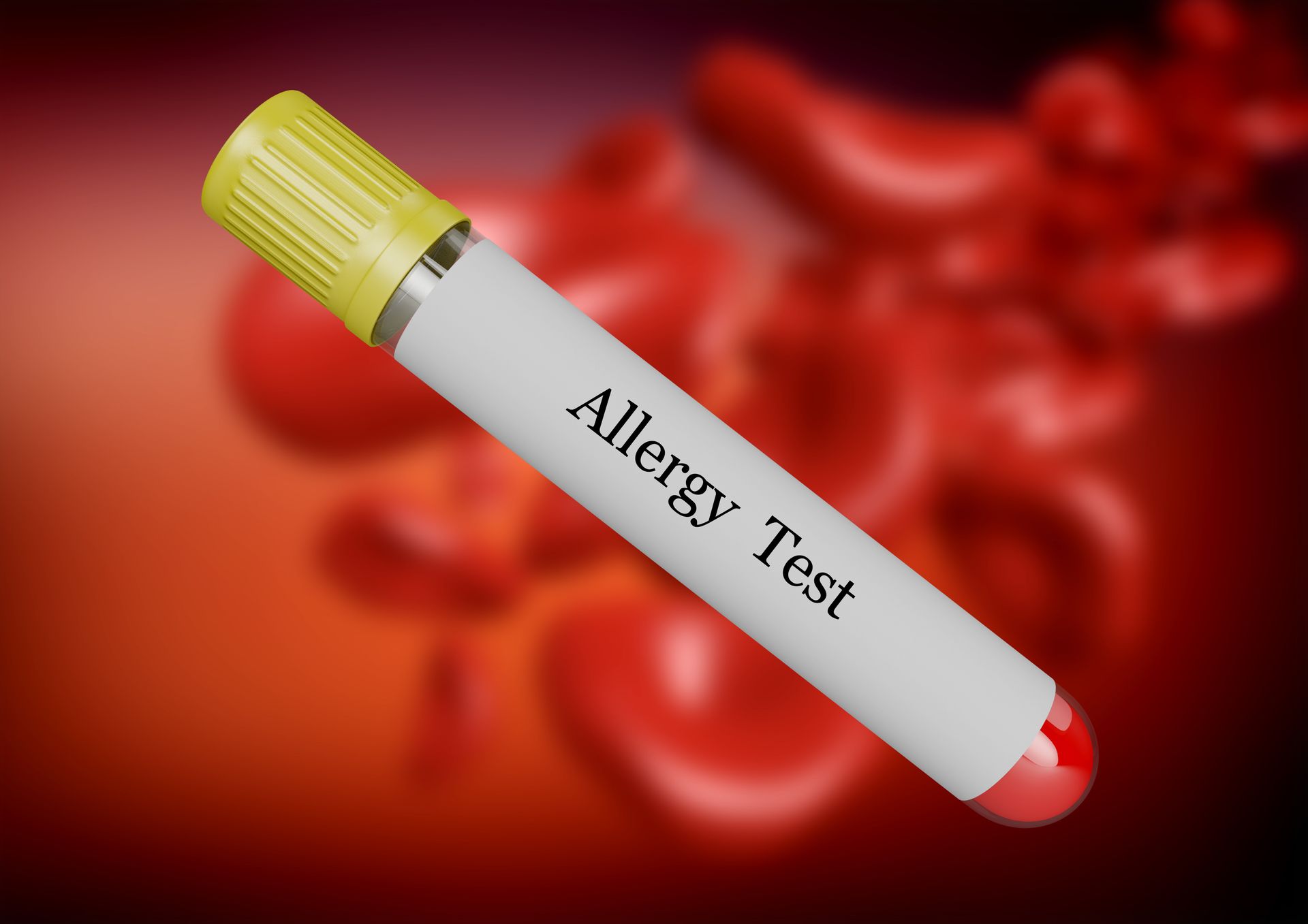 Allergy test vial with yellow cap over blurred red blood cells background