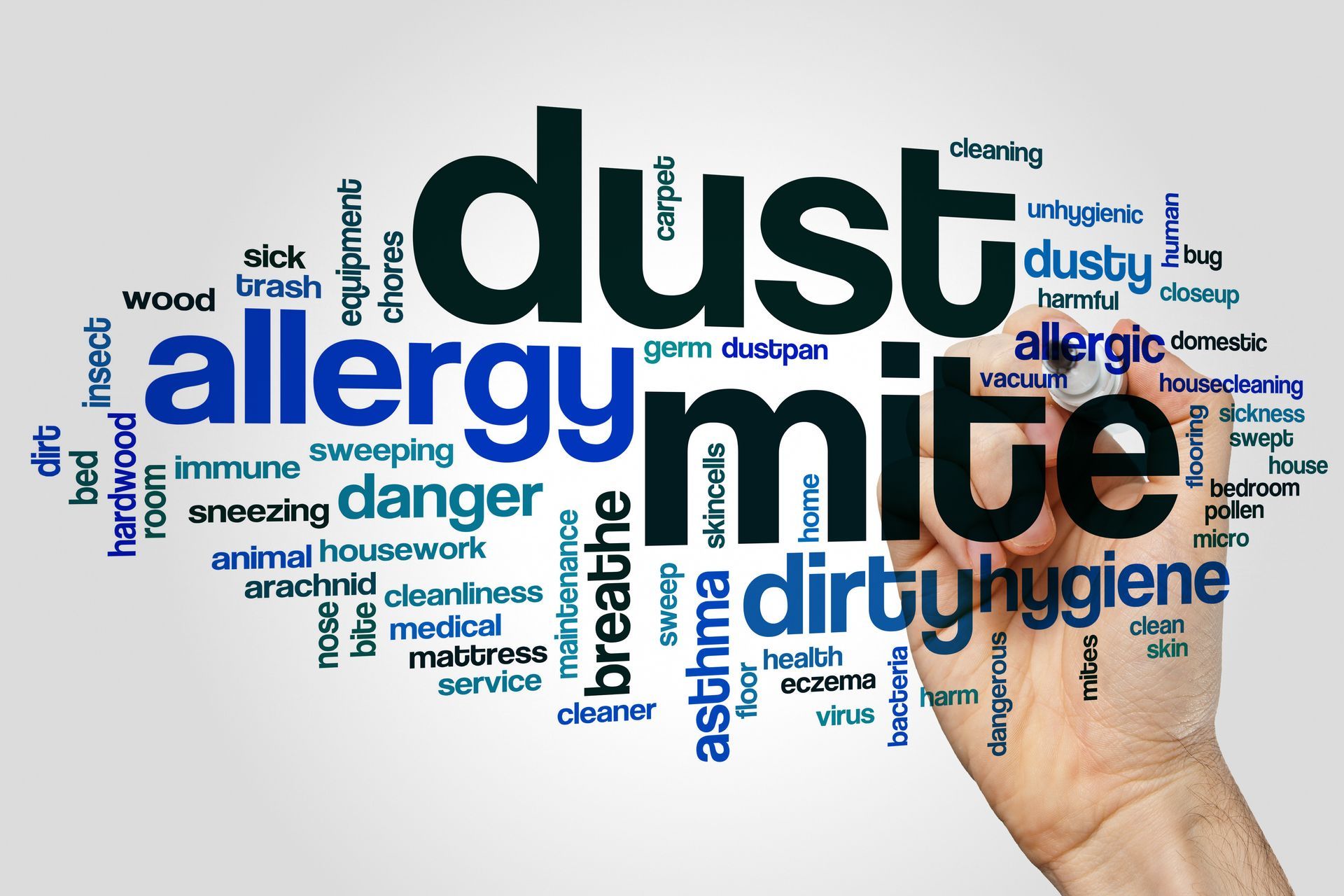 Hand placing the word “mite” among blue and black words like “dust,” “allergy,” and “dirty” on white background