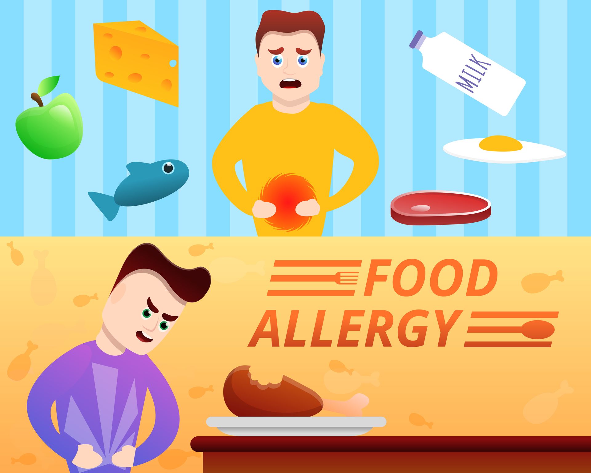 Food allergy awareness graphic showing a worried person and common allergens like milk, fish, cheese, eggs, and apple