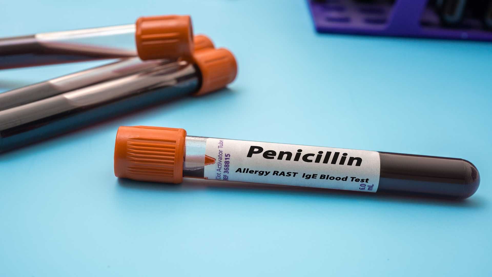 Penicillin test tubes with orange caps on a blue surface