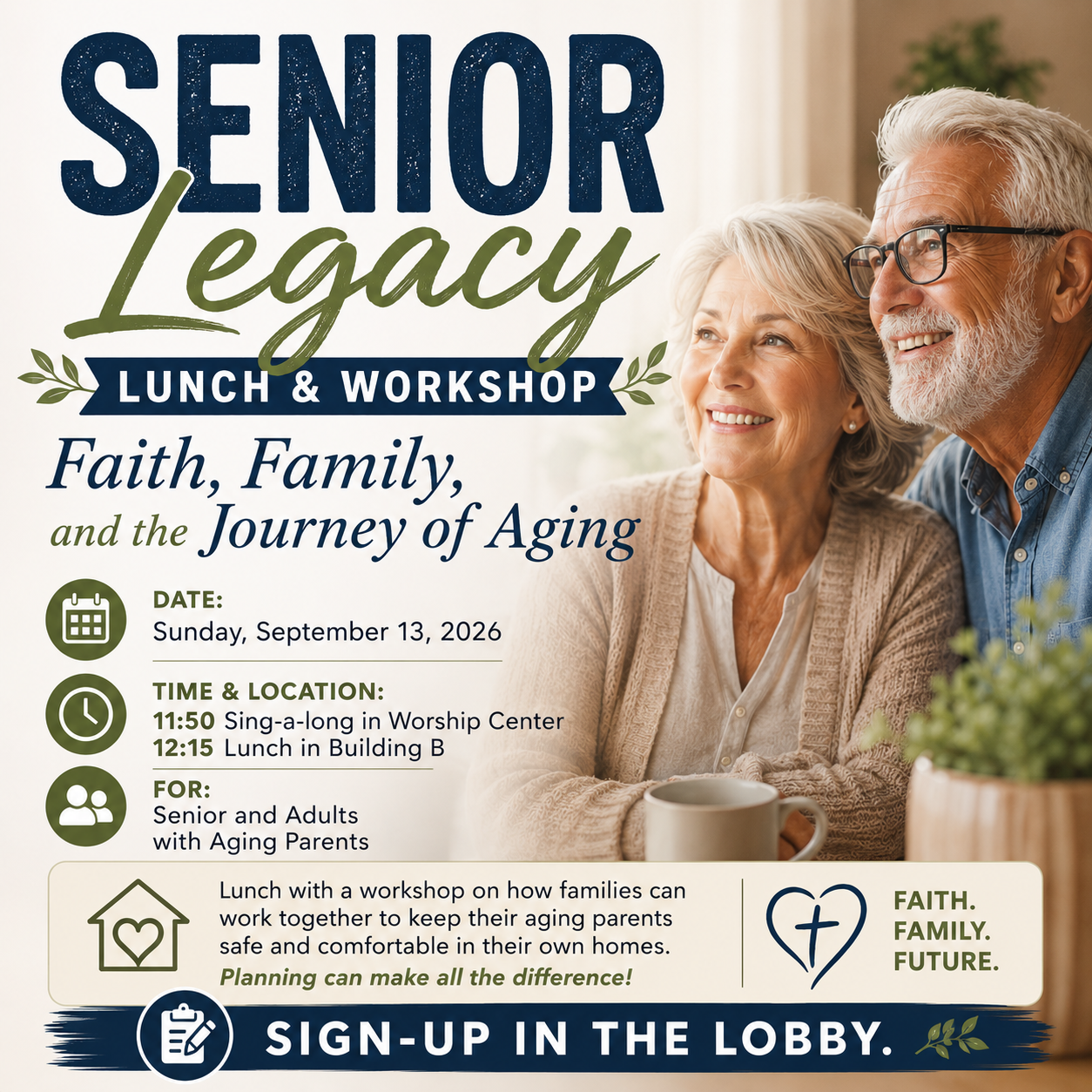 Senior Legacy lunch and workshop flyer for faith, family, and aging, with smiling older couple and event details.